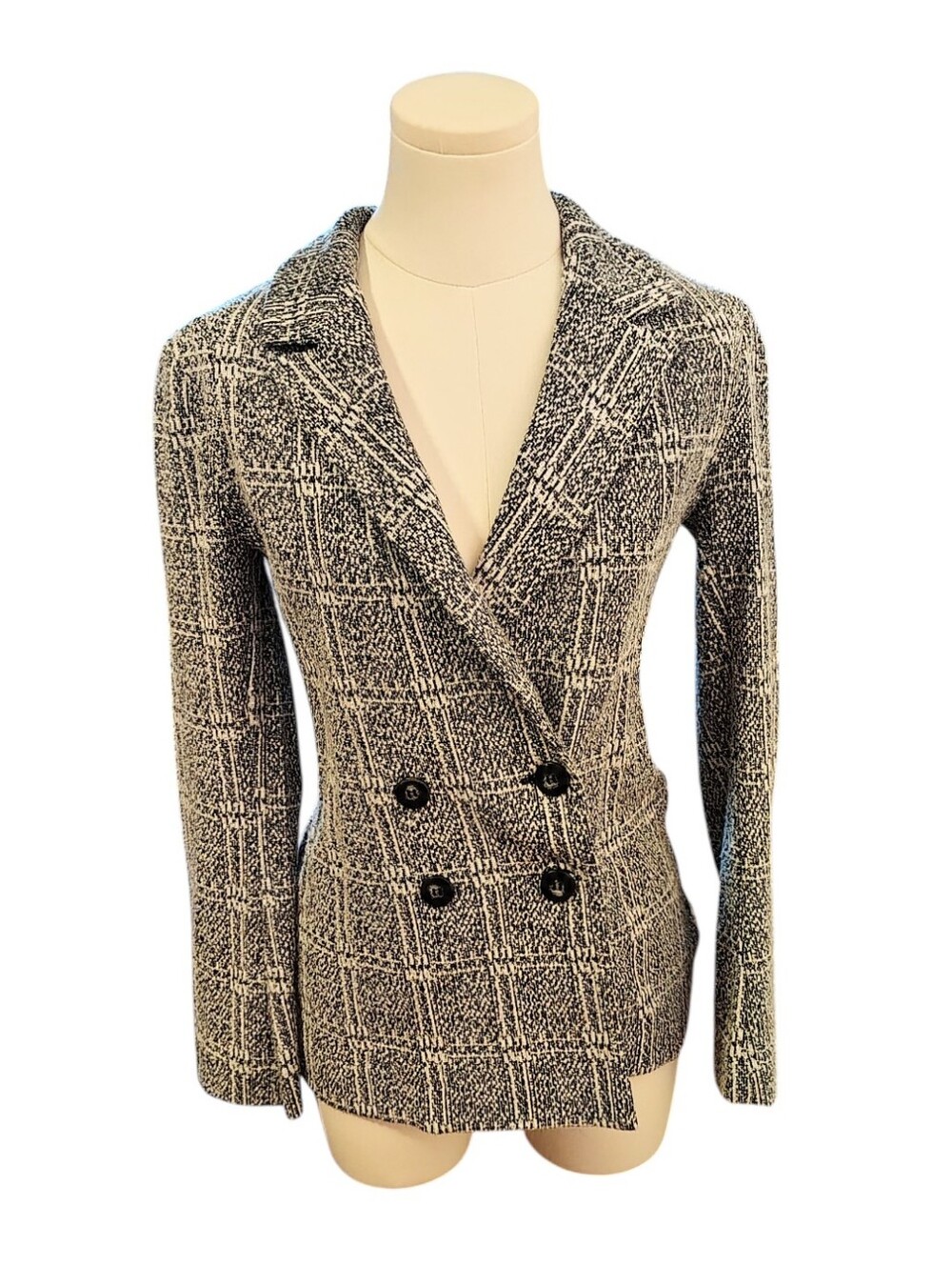 TOPSHOP Black and White Twill Plaid Double Breasted Blazer Size 2 Womens